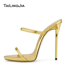 2018 Women Two Straps High Heels Rose Gold Patent Leather Strappy Sandals Ladies Cute Shoes Sexy Mules Stiletto Dress Shoes