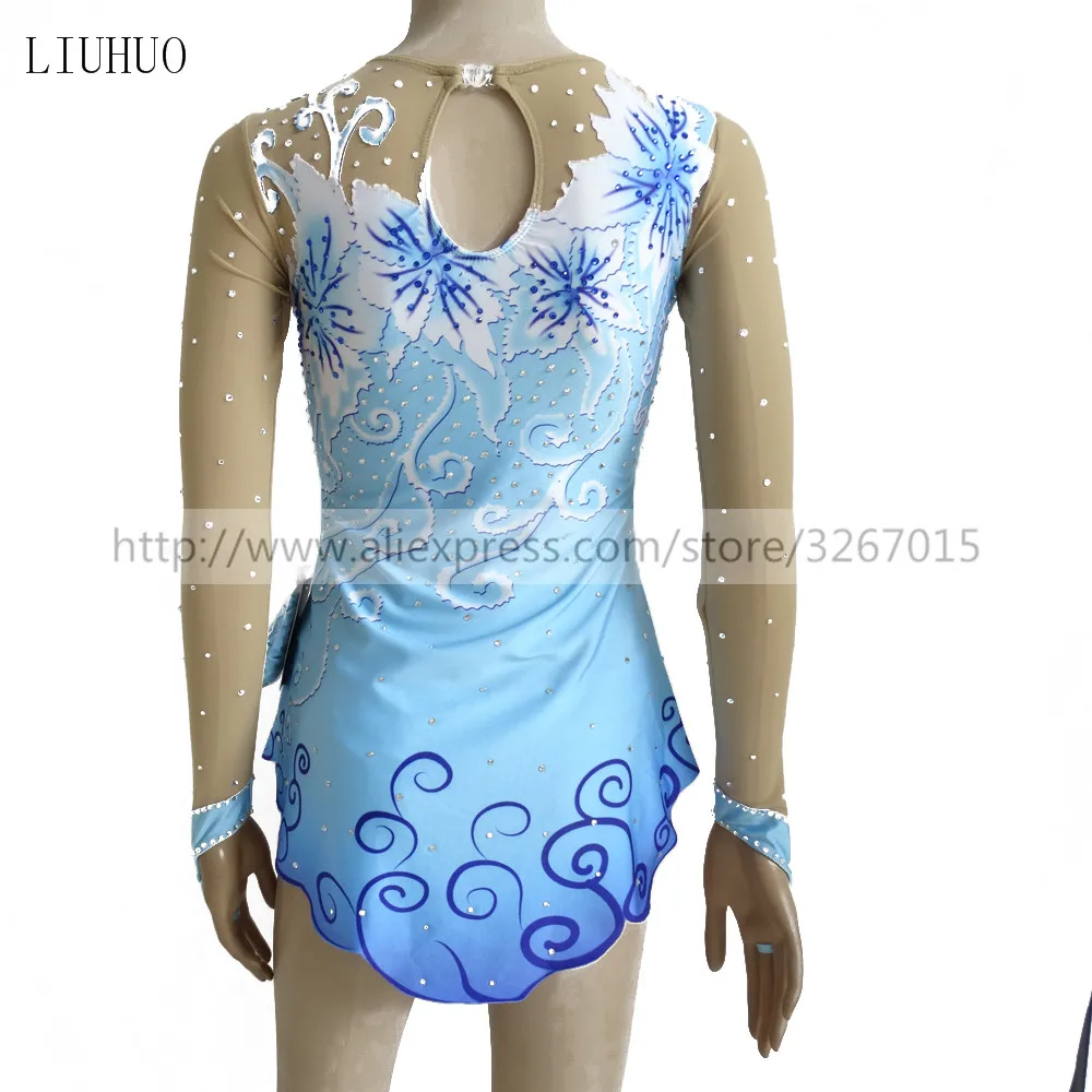 Figure Skating Dress Customized Competition Ice Skating Skirt for Girl Women Rhythmic Gymnastics blue Beautiful flower line 