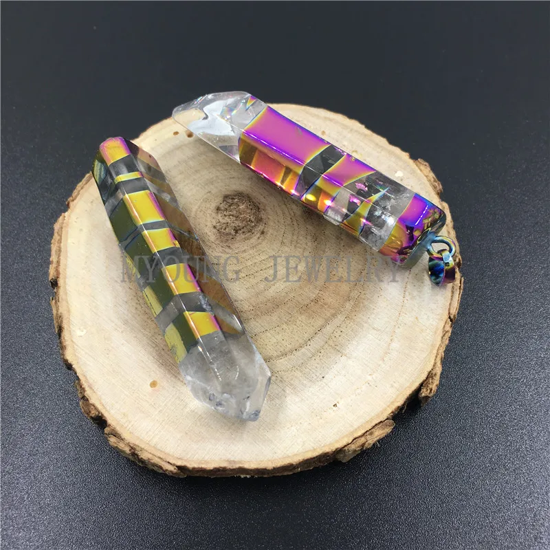 MY0793 Raw Crystal Quartz Titanium Rainbow Pillar Point Pendant,Metal Color Coated Clear Quartz Spike Pendant, Colorful Stripe Pendant(2)