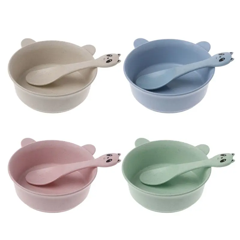

2 Pcs/Set Baby Feeding Food Tableware Panda Wheat Kid Dishes Eco-Friendly Children Training Dinnerware Plate Bowl Spoon