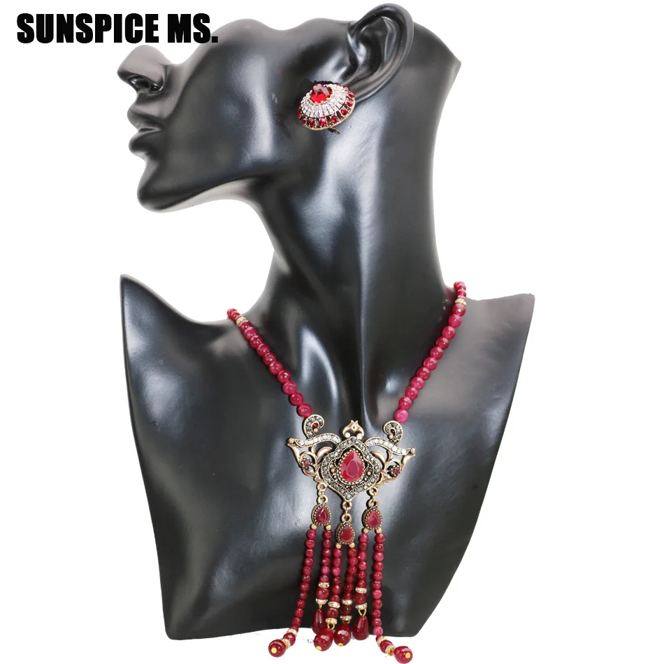 SUNSPICE MS Vintage Indian Wedding Red Natural Stone Jewelry Set Crystal Earring Long Bead Charm Necklace Antique Gold Color New | Украшения