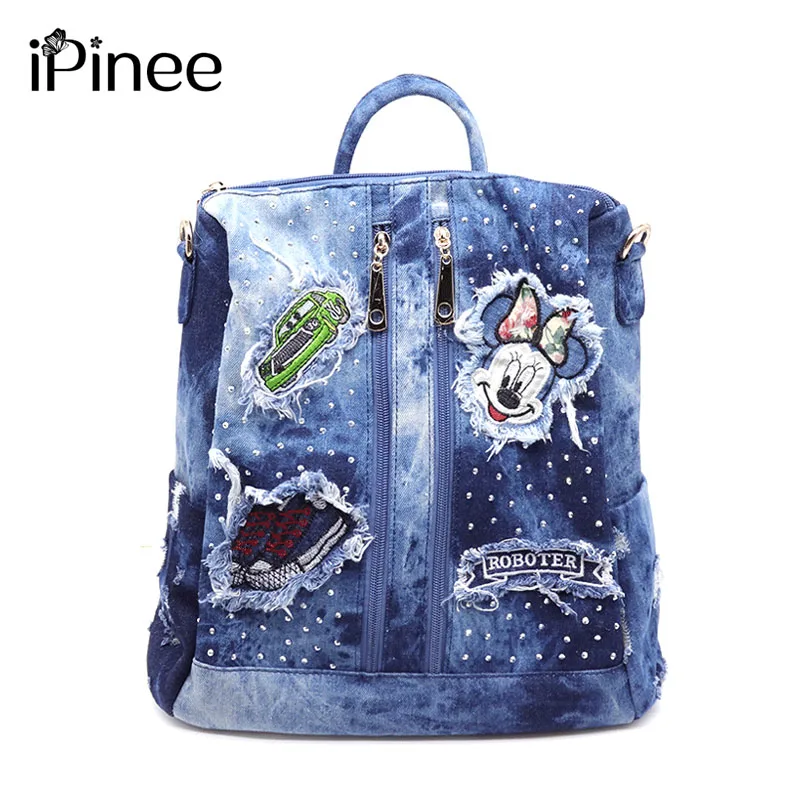 iPinee fashion women handmade denim backpack casual large size school bags for girls laptop bags - Цвет: Синий