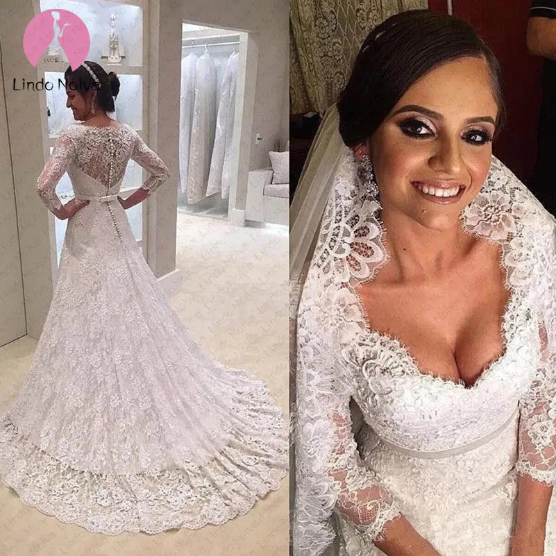 

Vestido De Noiva 2019 Lace Wedding Dresses A-Line Illusion Long Sleeves Casamento Wedding Gown Bridal Dresses Robe De Mariee