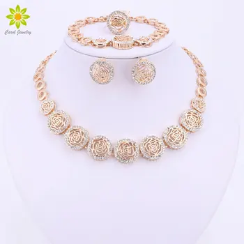 

Wedding African Beads Jewelry Sets Flower Shape Necklace Earrings Bracelet Rings For Women Gold Color Vintage Party Accessories