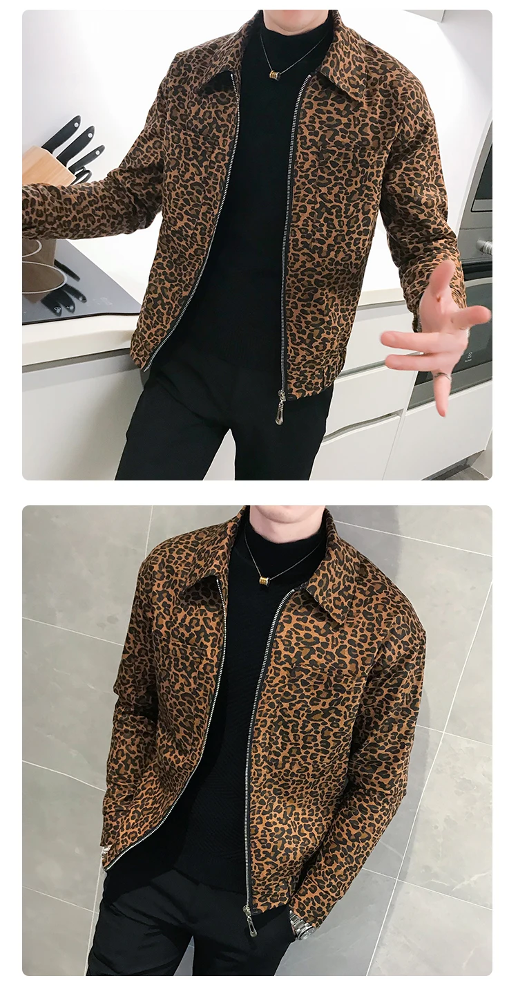 Leopard Printed Jackets Mens Autumn Mens Coat Jackets Zipper New Fashion Mens Designer Hombre Chaqueta Korean Streetwear