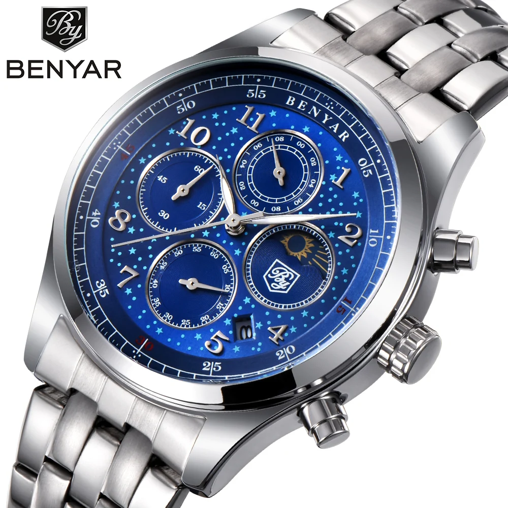 

BENYAR Mens Watches Top Luxury Moon Phase Full Steel Quartz Chronograph Watch Sports Military Waterproof Wrist Watch Hour Clock