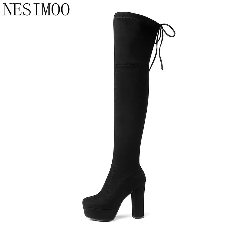 

NESIMOO 2019 Women Over The Knee Boots Pointed Toe Fashion Women Shoes Square High Heel Elastic band Women Boots Size 34-43