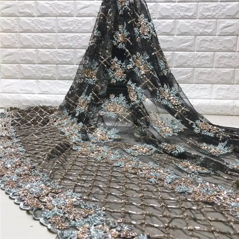 

2019 latest black Nigerian lace fabric high quality African Swiss lace fabric wedding dress French handmade beads lace