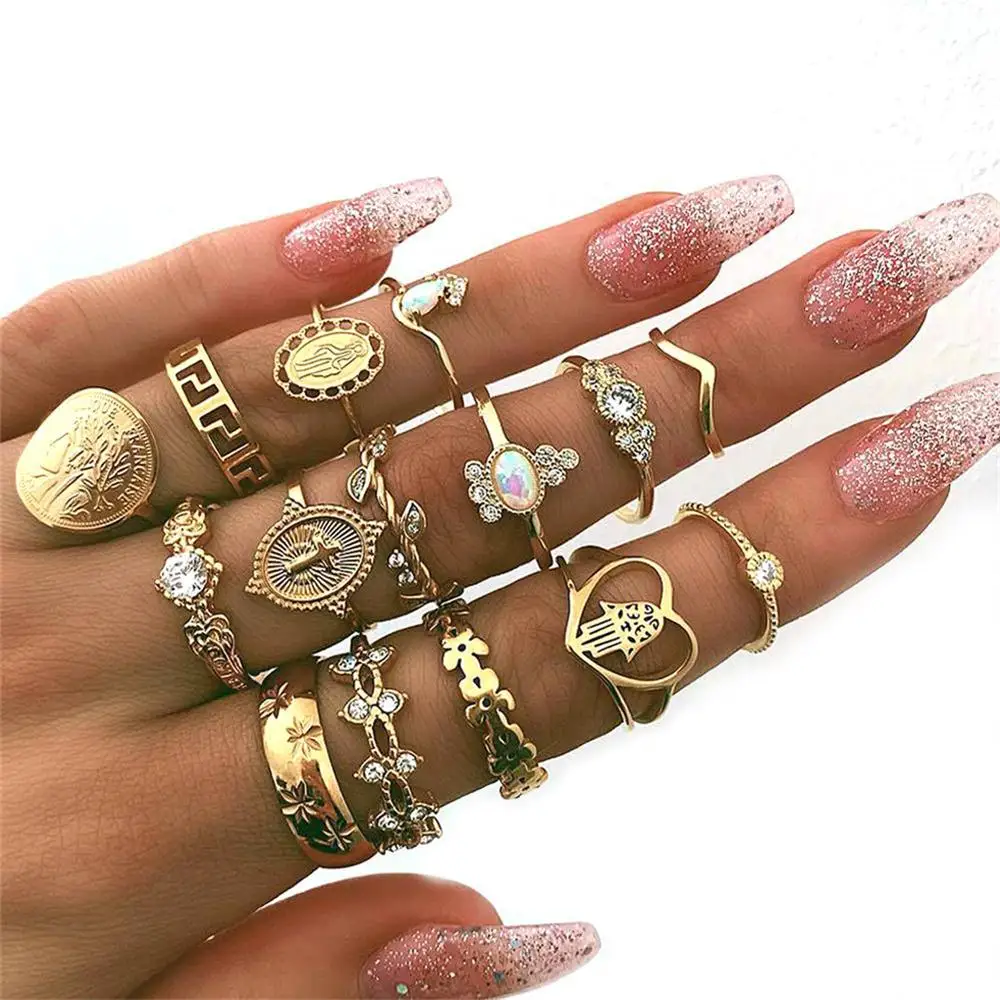 15 Pcs/Set Women Fashion Rings Hearts Fatima Hands Virgin Mary Cross Leaf  Hollow Geometric Crystal Ring Set Wedding Jewelry