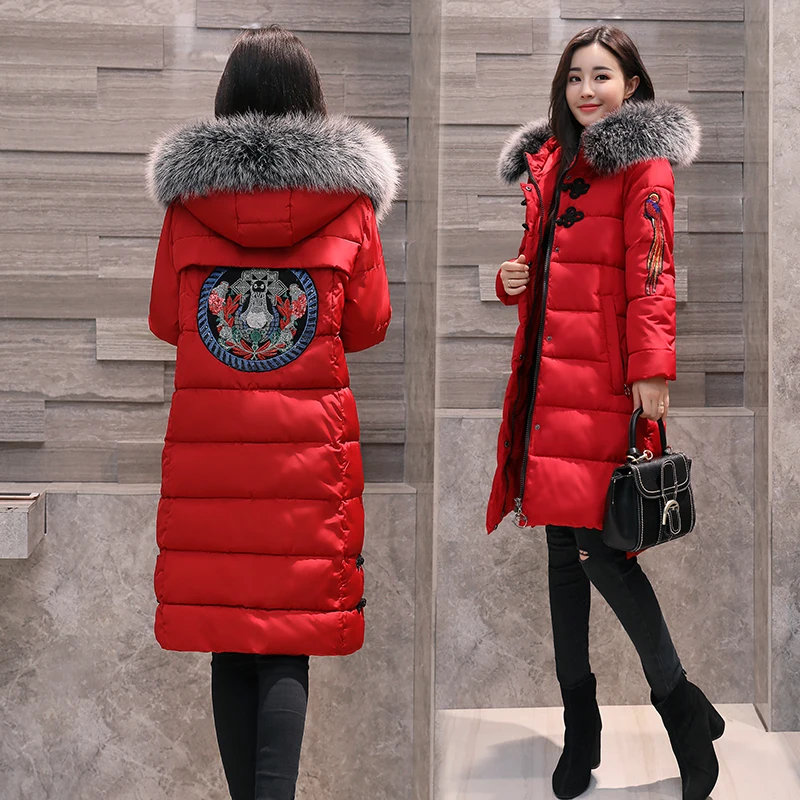 

2017 New Fashion Long Winter Jacket Women Slim Female Coat Hooded big Fur collar Thick Parka Down Cotton Red Clothing plus size