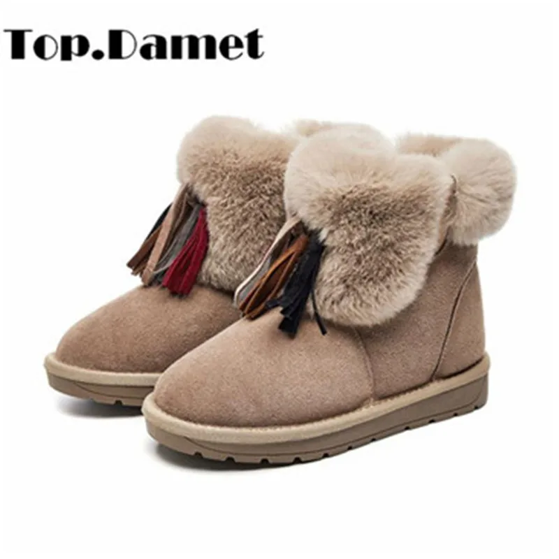 

Top.Damet Genuine Leather Snow Boots Woman Winter Casual Solid Color Slip On Ankle Boots Fashion Fringe Non Slip Warm Flat Boots