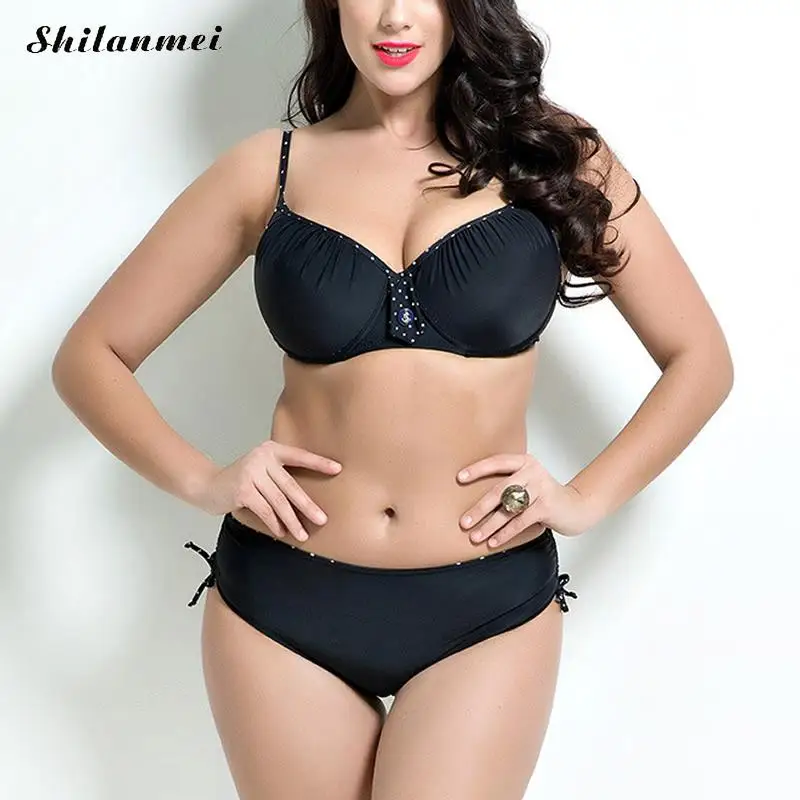 Big Size Swimwear Large Cup Women High Waist Bikini Set Solid Dot
