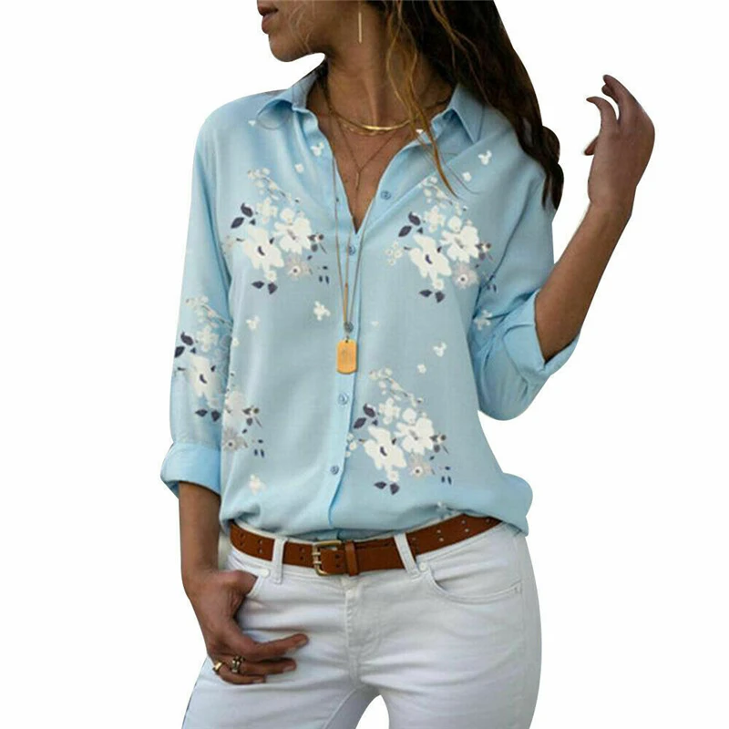 Women Shirt Floral Long Sleeve Blouse V-neck Tops OL Shirts Casual Button Shirts Top Women Summer Blouse And Shirt Plus Size 5XL
