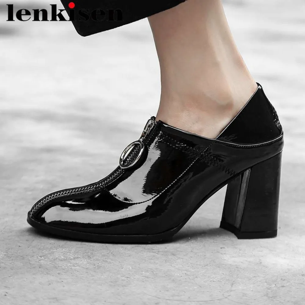

2019 european style metal zipper full grain leather thick high heels genuine leather shallow pumps round toe fashion shoes L3f8