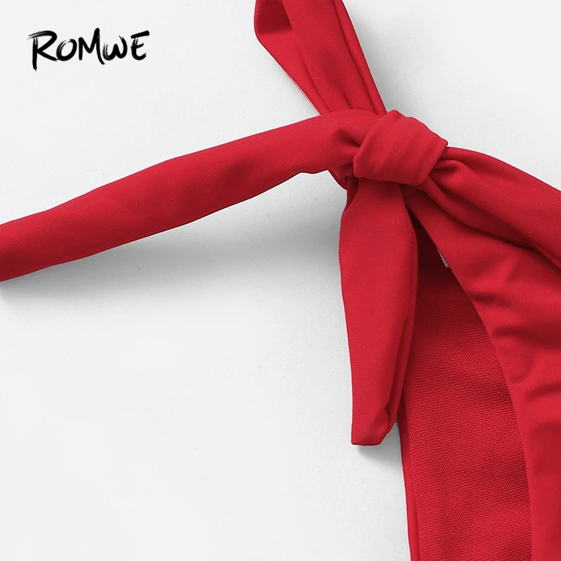 Romwe para deporte rojo sólido de triángulo escotado Top con cuello empate lado Bikini conjunto, Fondo de mujeres Sexy vacaciones en la playa traje de baño