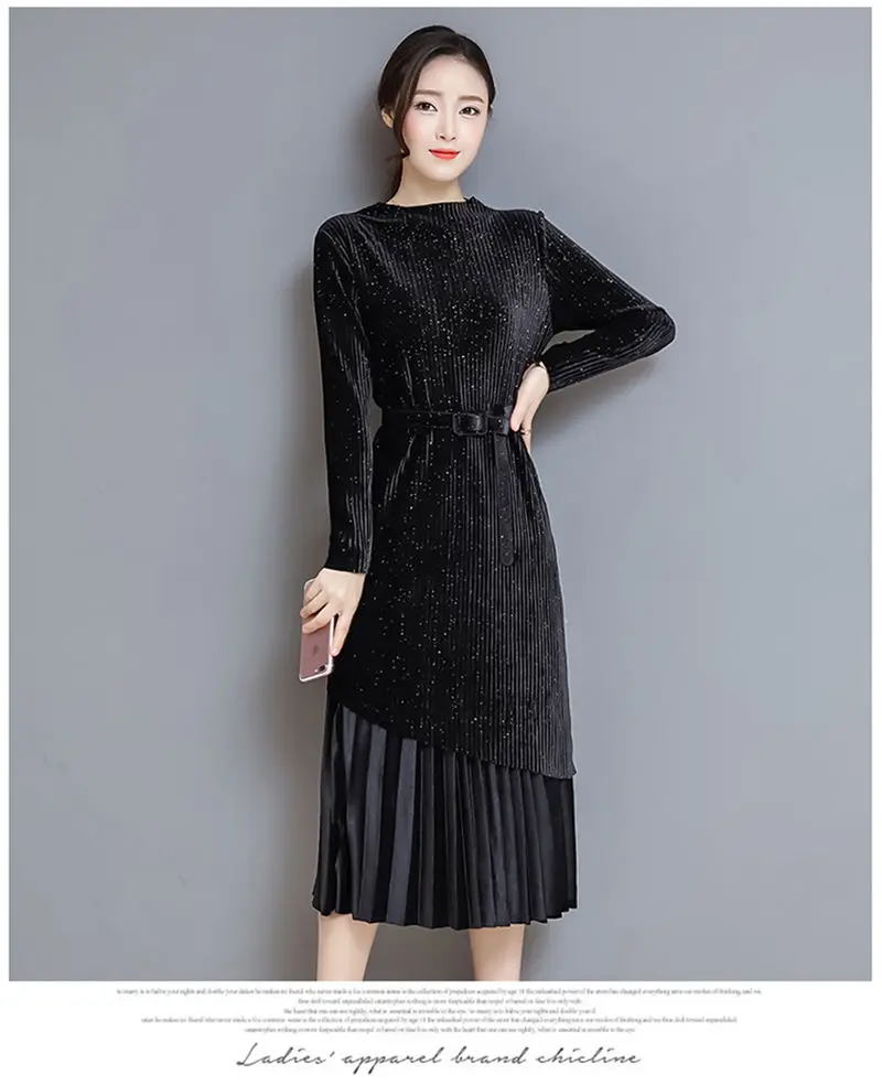 Fashion Autumn Winter Women Dress Elegant Sexy Pleate Female Dress Vintage Long Sleeve Velvet Two-piece suit Dresses vestidos