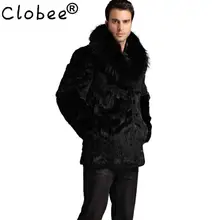 6XL 7XL зимняя мужская мода воротник из лисьего меха шубы из искусственного кроличьего меха черный роскошный кожаный костюм парка Высококлассные повседневные мужские куртки