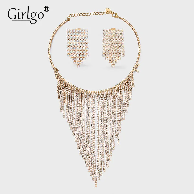 

Girlgo ZA Bling Luxury Fringed Tassel Necklaces Jewelry Sets Ne+EA For Women Crystal Shiny Tassel Earrings Wedding Party Jewelry
