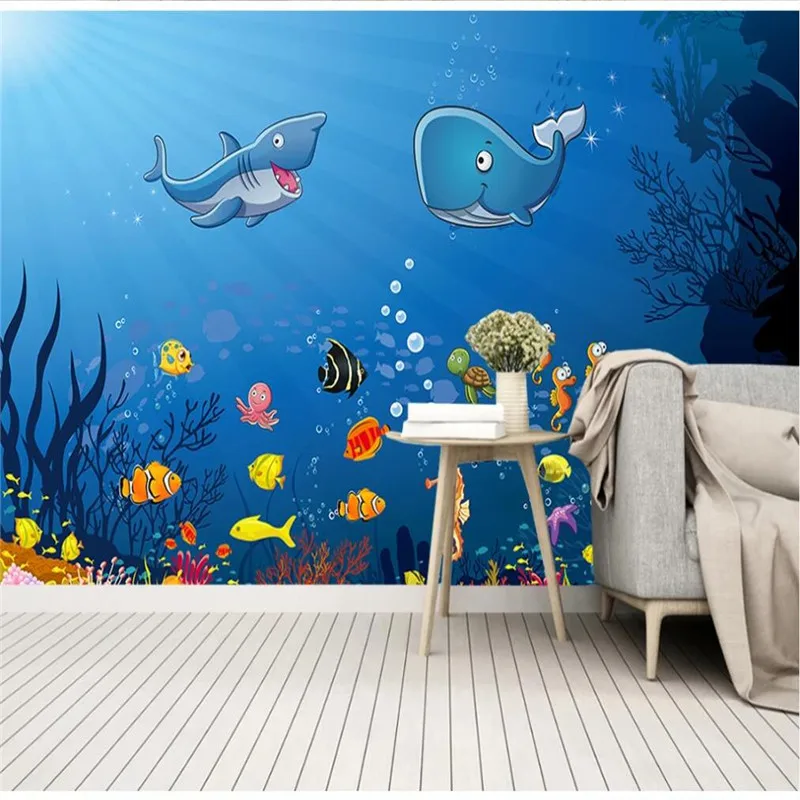 Custom wallpaper hand-painted underwater world children's room background wall decoration waterproof material Custom wallpaper hand-painted underwater world children's room background wall decoration waterproof material