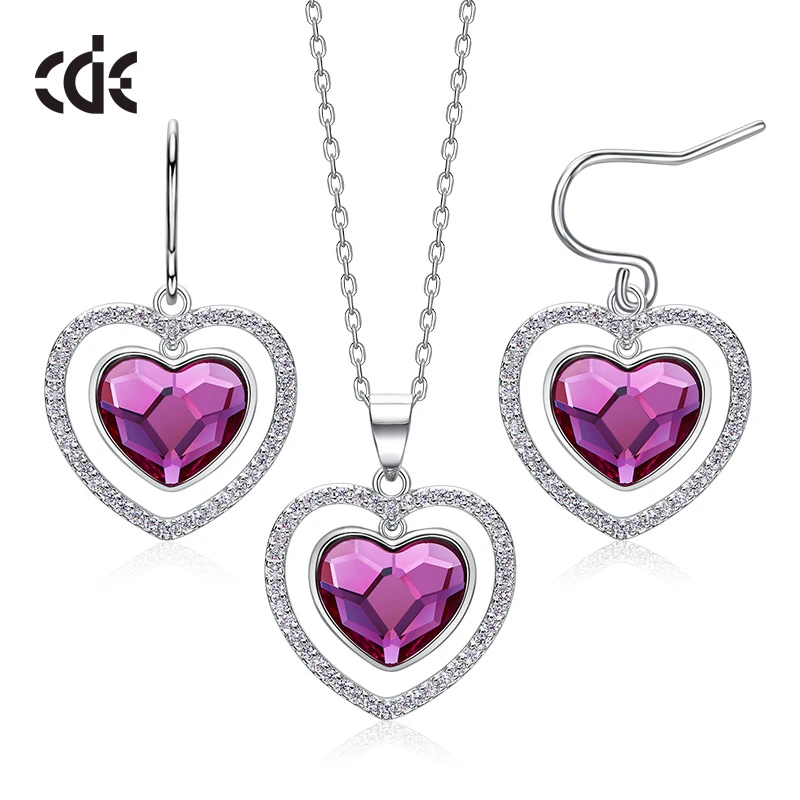 Cristal Corazón Púrpura joyas de plata Conjunto de Regalo