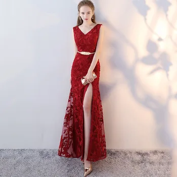 

Embroidery Full Length Chinese Sexy V-Neck Oriental Party Female Cheongsam Stage Show Qipao Elegant Celebrity Banquet Dresses