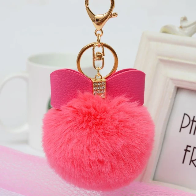 Cute Bowknot Pendent Rabbit Fur Pom Pom Keychain Bulk Fluffy Key