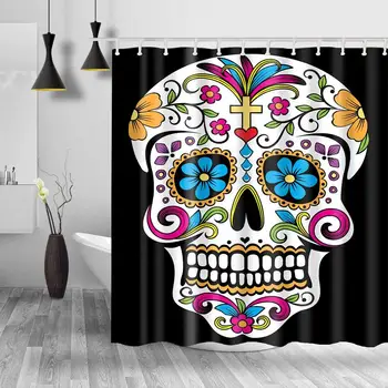 

Sugar Skull Decor Water-Repellent Shower Curtain and Mat Set, Fantastic Vintage Skull Gothic Design Fabric Bathroom Curtains