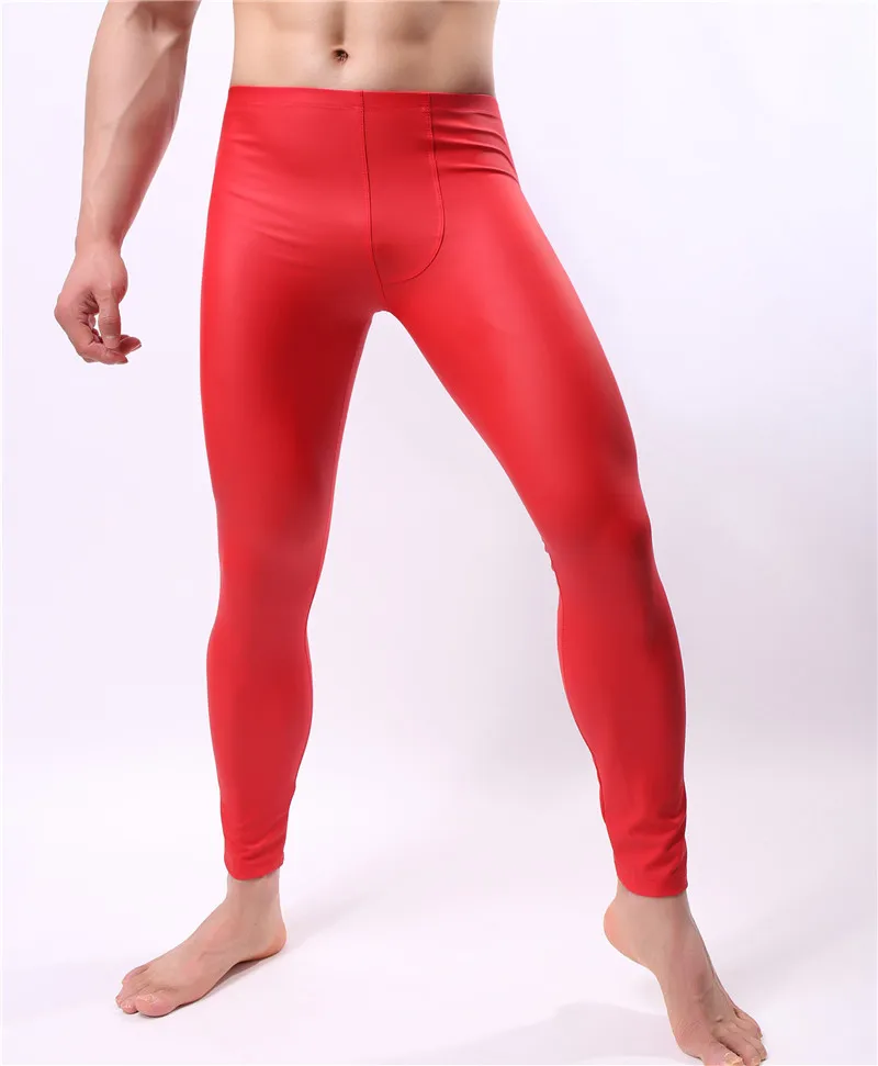 Модные обтягивающие брюки из искусственного меха для фитнеса, мужские сексуальные эластичные лосины Брюки, мужское нижнее белье из искусственной кожи, длинные брюки - Цвет: Red