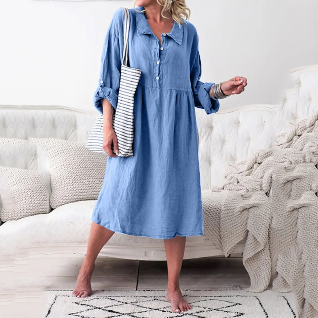

Linen Women Dress lady Long Sleeve Shirt Casual Turn-down Collar Women Dresses female Button Spring Dresses mid sundress vestido
