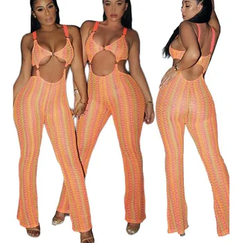 

Hollow Out Spaghetti Strap Stripe Jumpsuit Women Backless Sleeveless Flare Rompers Colorful Print Sexy Overalls