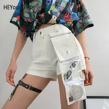 HEYounGIRL повседневные белые джинсовые шорты Харадзюку, женские шорты с высокой талией, женские джинсы с сумкой, хлопковые Популярные Короткие штаны, уличные летние шорты