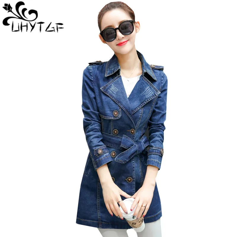 

UHYTGF Spring Denim Jacket Women 2018 Long Plus size Denim coat Fashion Suit collar double breasted slim fit Jeans Jacket 521