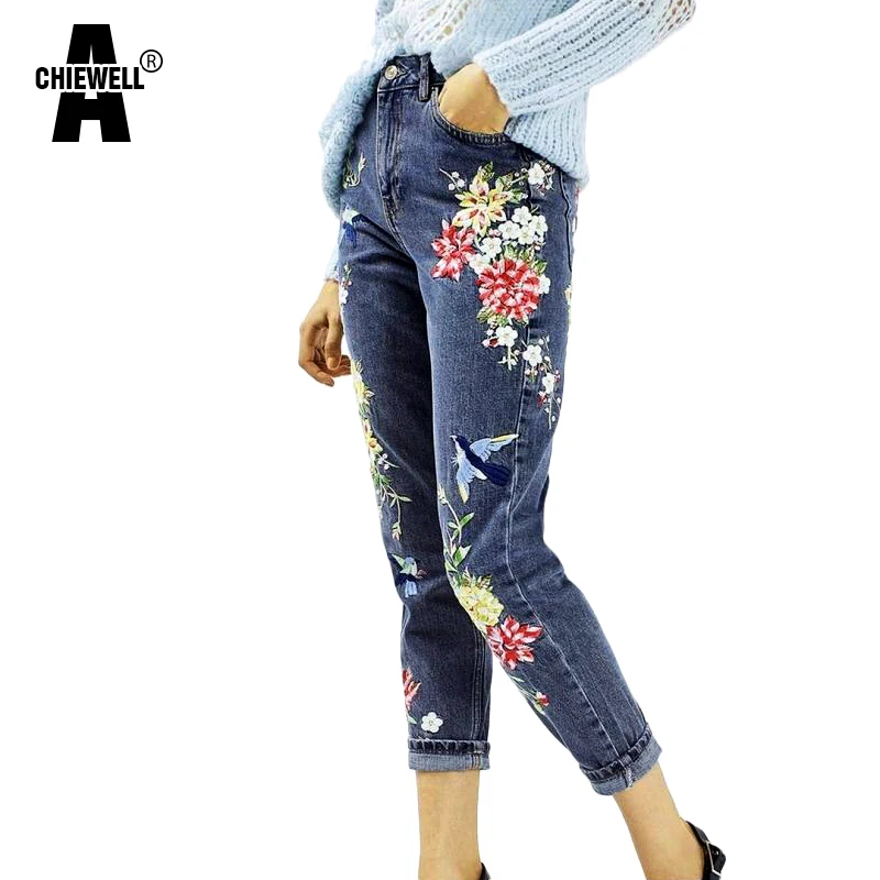 Achiewell Spring Vintage Plus Size BF font b Women b font Floral Embroidery Jeans High Waist