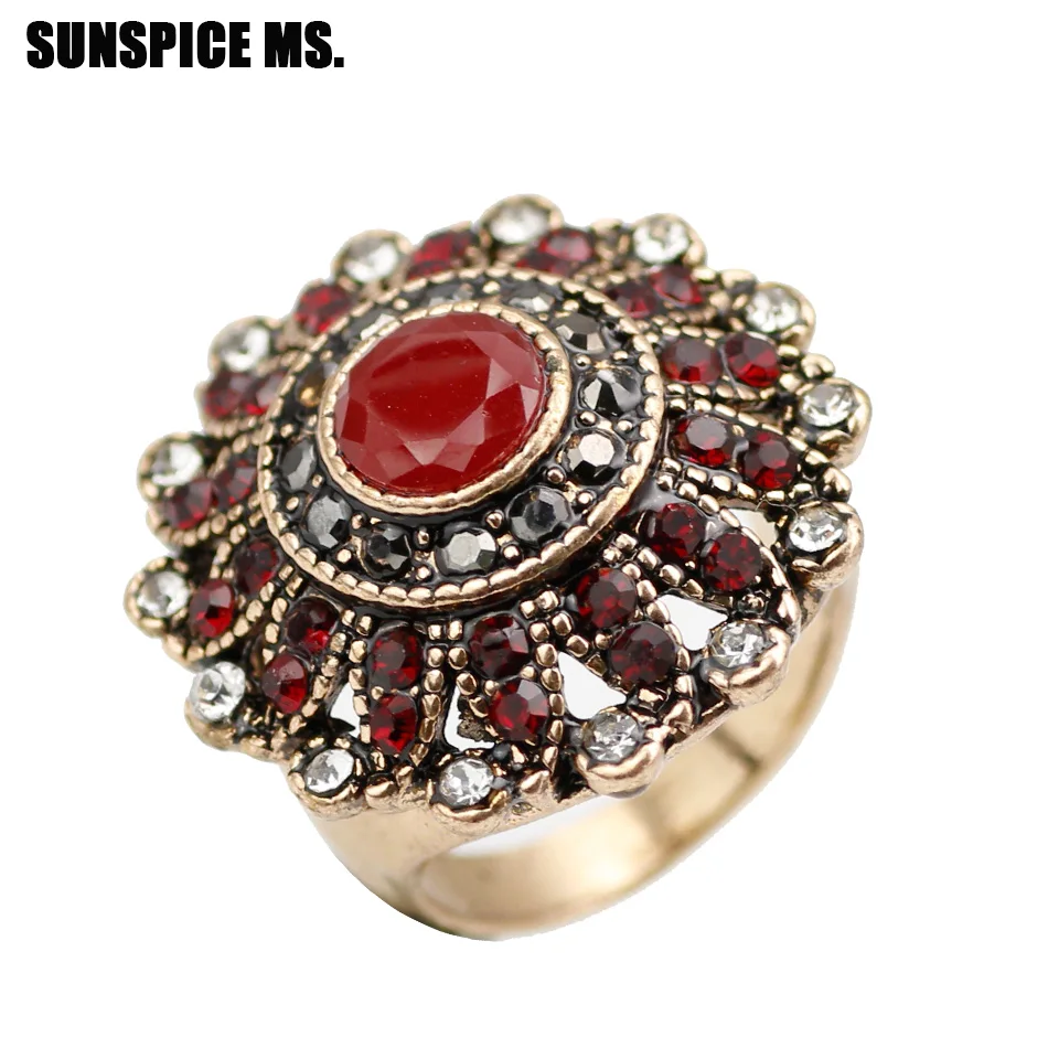 

Vintage Turkish Women Round Crystal Wedding Rings Antique Gold Color Red Green Resin Indian Ring Jewelry Fashion Accessories New