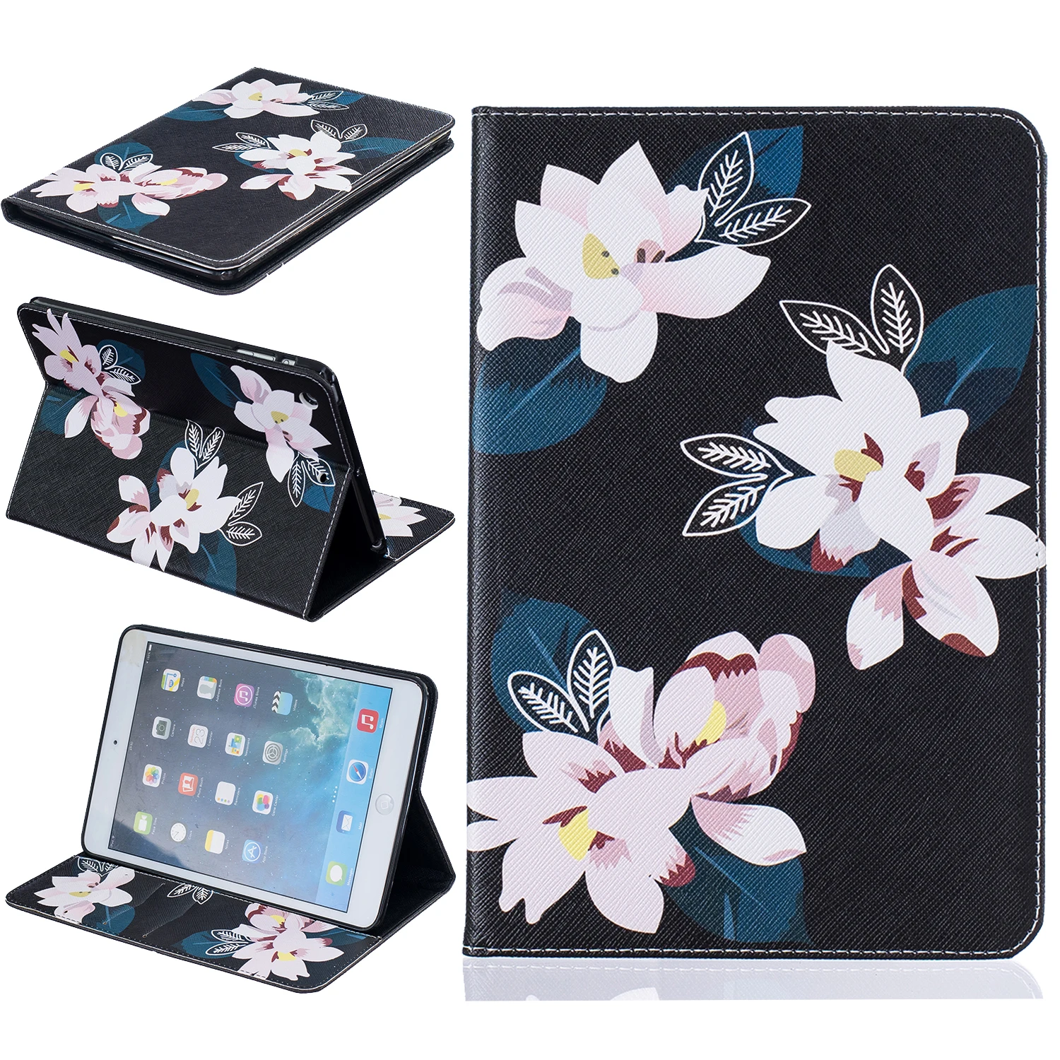 For Apple IPad Mini 4 3 2 1 Flowers PU Leather Stand Case Cover For 