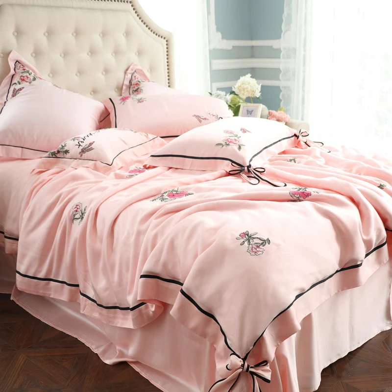 

Tencel Silk Pink Flowers Embroidery Bedding Set with Bows Queen King size 4/7Pcs Ultra Soft Duvet cover Bed sheet set Pillowcase