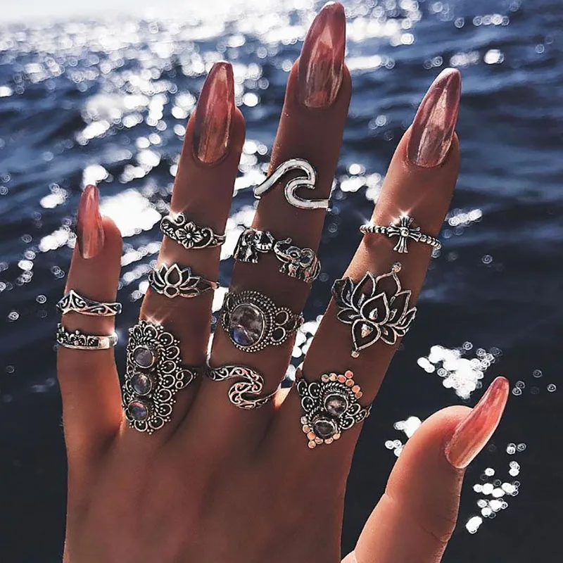 

11 Pcs Bohemian Beach Retro Elephant Hollow Lotus Wave Gems Geometric Crystal Silver Ring Set Women Charm Jewelry Accessories