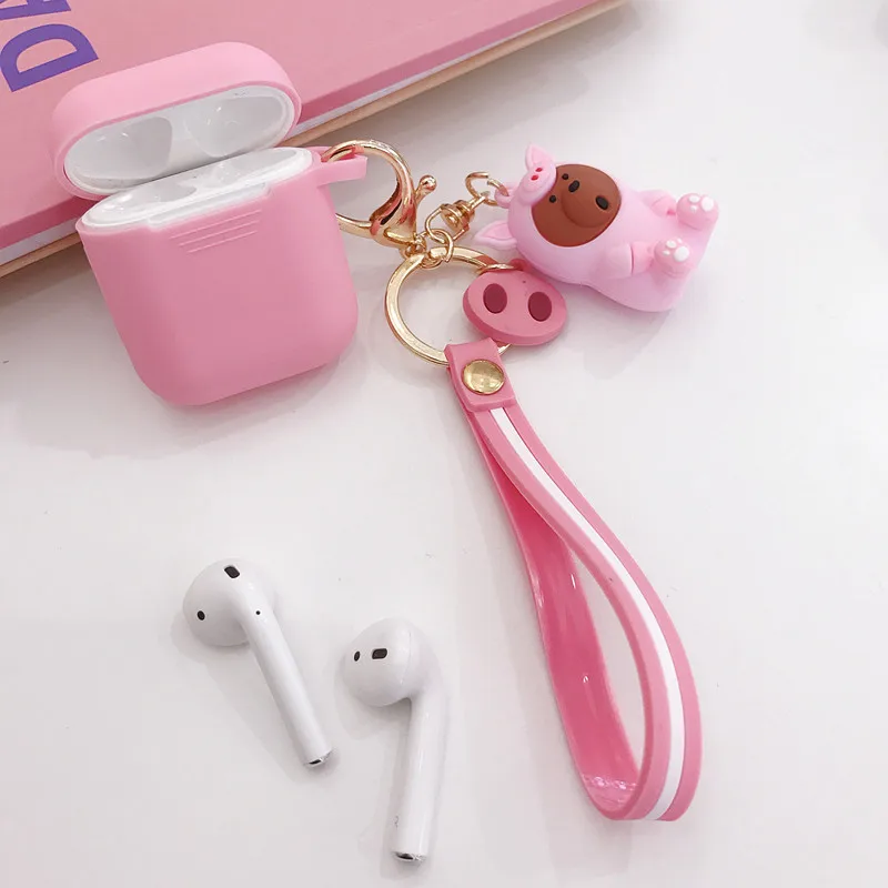 Милый чехол для наушников для AirPods чехол для Air Pods аксессуары с героями мультфильмов на айрподс Apple эир подс силиконовый чехол с кольцами для ключей ремень чехол на эйрподс чехлы на наушники airpods airpods2 - Цвет: Pink Bear