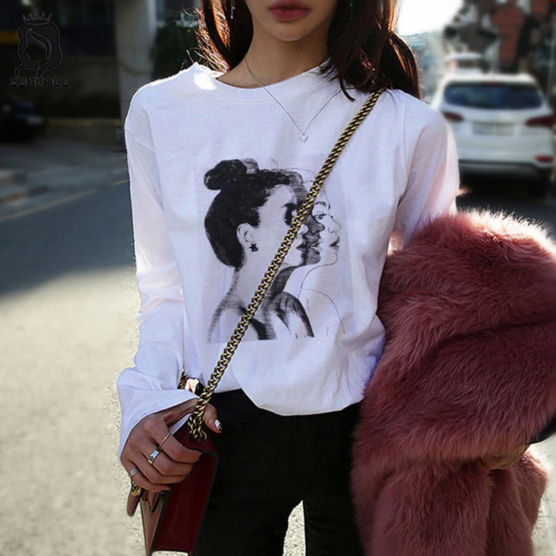 2018 BF Spring Print Long Sleeve T Shirts Women White...