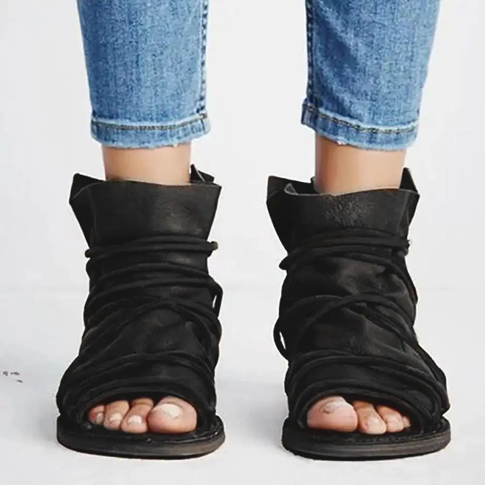 

Women vintage Open Toe Casual Zipper Flats Cross Straps Roman shoes Ladies Fashion Sandals summer 2019 new solid flat footwear