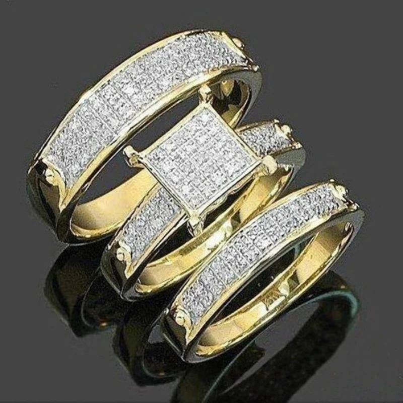 Luxury Gold Color Wedding Rings Set Full Cubic Zirconia