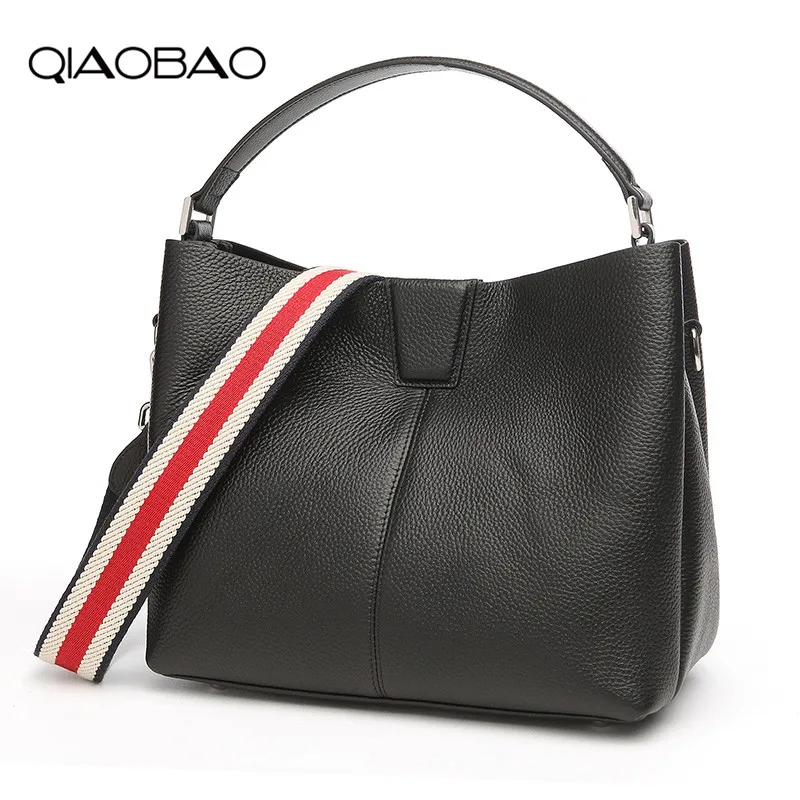 

QIAOBAO 2018 spring new GENUINE leather handbags Litchi LEATHER bucket bag Europe shoulder diagonal package large-capacity