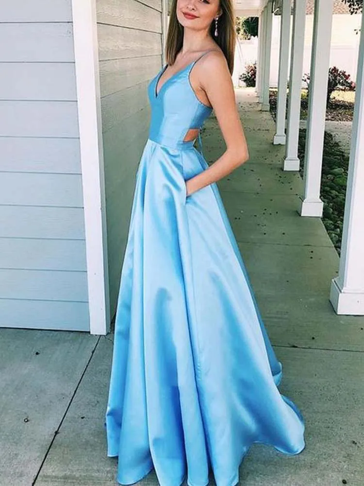 Simple Satin Graduation Dresse A Line V Neck Cross Back Light Blue Long ...