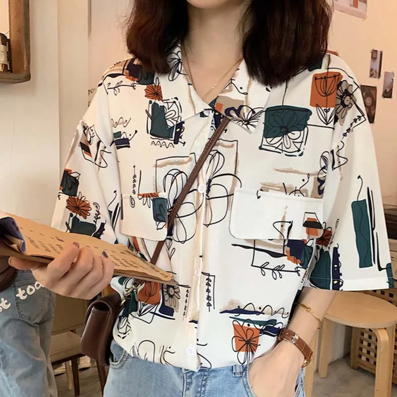 Women Shirt New Summer Loose Casual Blouse Female Short Sleeve Shirt Flower Print Women Tops XZ426