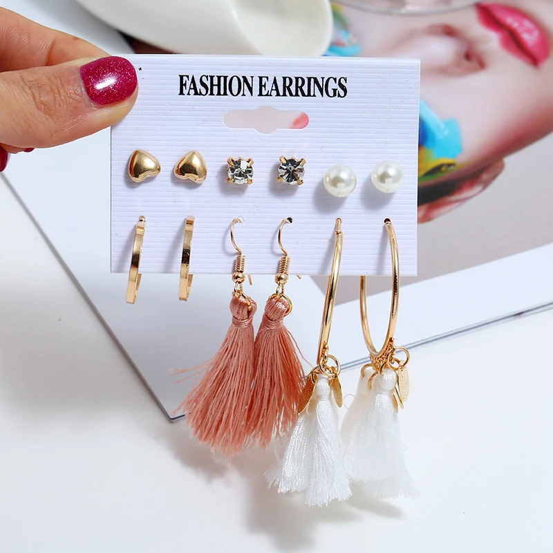 

Design Fashion Long Tassel Cystal Earrings Set For Women Girl Geometric Heart Earrings Brincos Female Fashion Wedding Jewelry