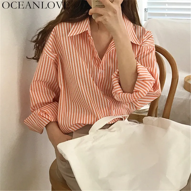 

OCEANLOVE Work Fashion Striped Blusas Mujer De Moda 2019 Long Sleeve Single Breasted Shirt Spring Korean Loose Blouse 11834