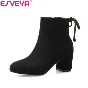 

ESVEVA 2018 Women Boots Out Door Zippers Square High Heels Ankle Boots Square Toe Chunky Short Plush Ladies Shoes Size 34-43