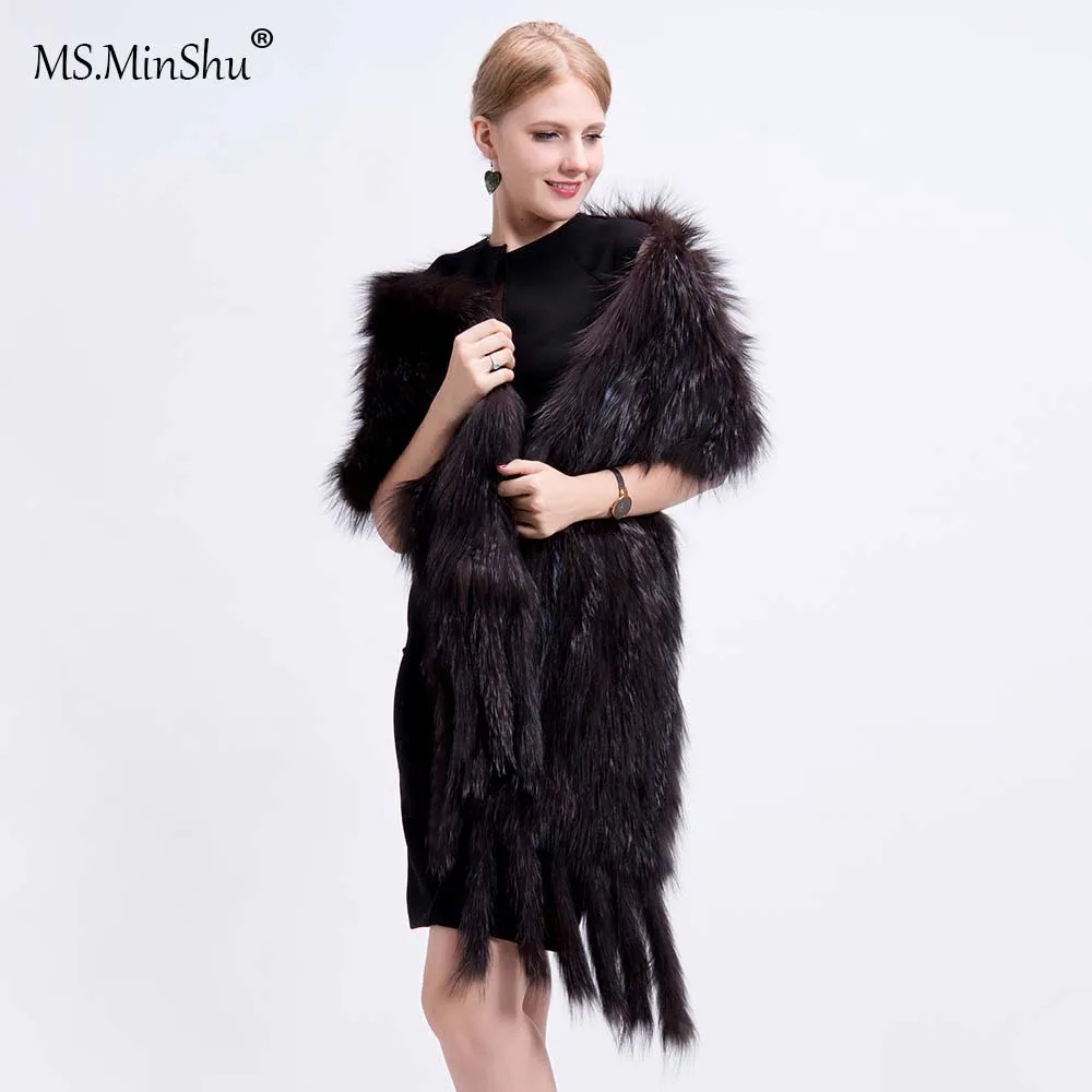 

Ms.MinShu Luxury Fox Fur Shawl Real Fox Fur Wrap Winter Autumn Hand Knit Natural Fox Fur Scarf with Fringes Real Fur Stole