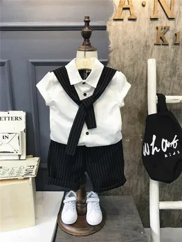 

Summer Gentleman Newborn Kids Baby Boys Tracksuits 2pcs Stripe Shirts Tops With Tie + Short Pants Kids Outfit Boys Costume Suit