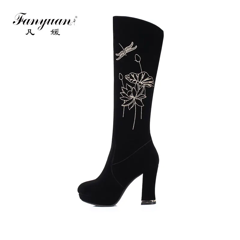 

Fanyuan National Style Women's Winter Boots Thick High Heels Side Zip with Stitchwork Mid calf Boots